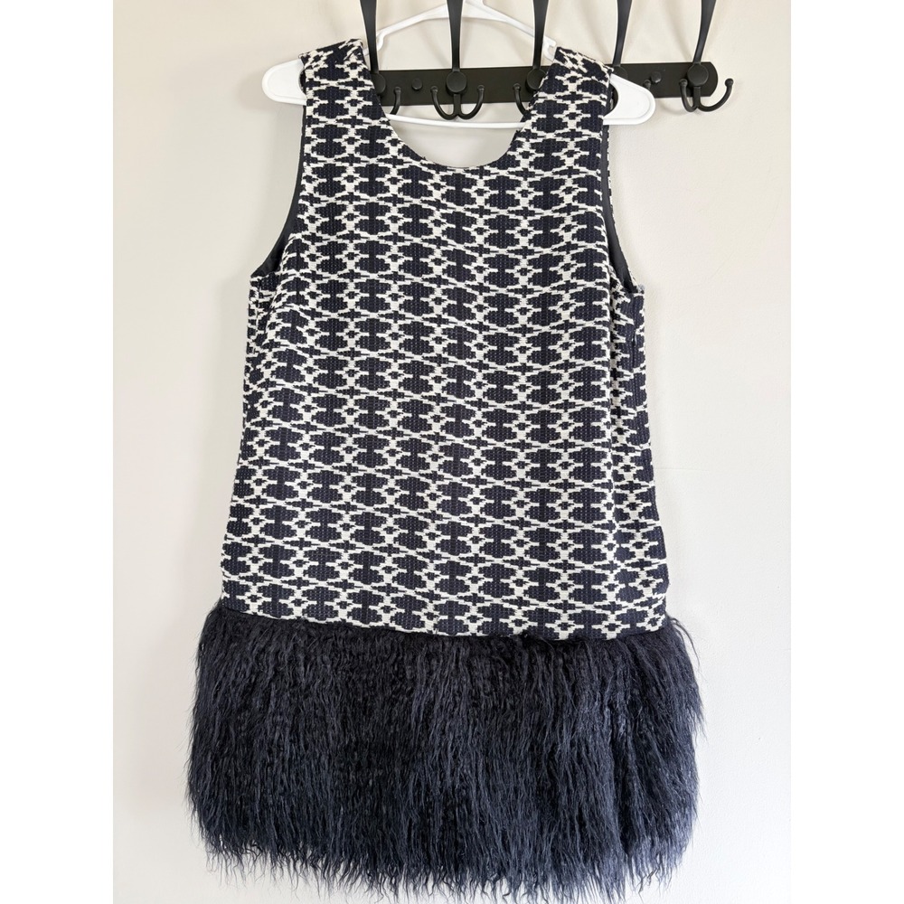 Romeo + Juliet Couture Navy Faux Fur Trim Jacquard Shift Dress RJ40920 NWT M